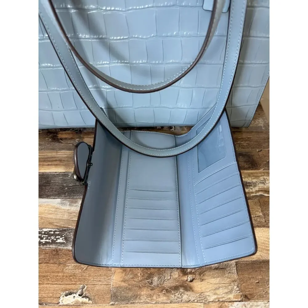 Coach Nina CL654 Blue Croc Embossed Leather Tote Wallet Set